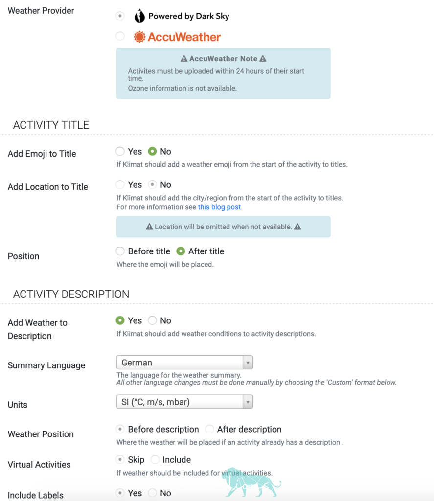 Wetterdaten in Strava | Einstellungen